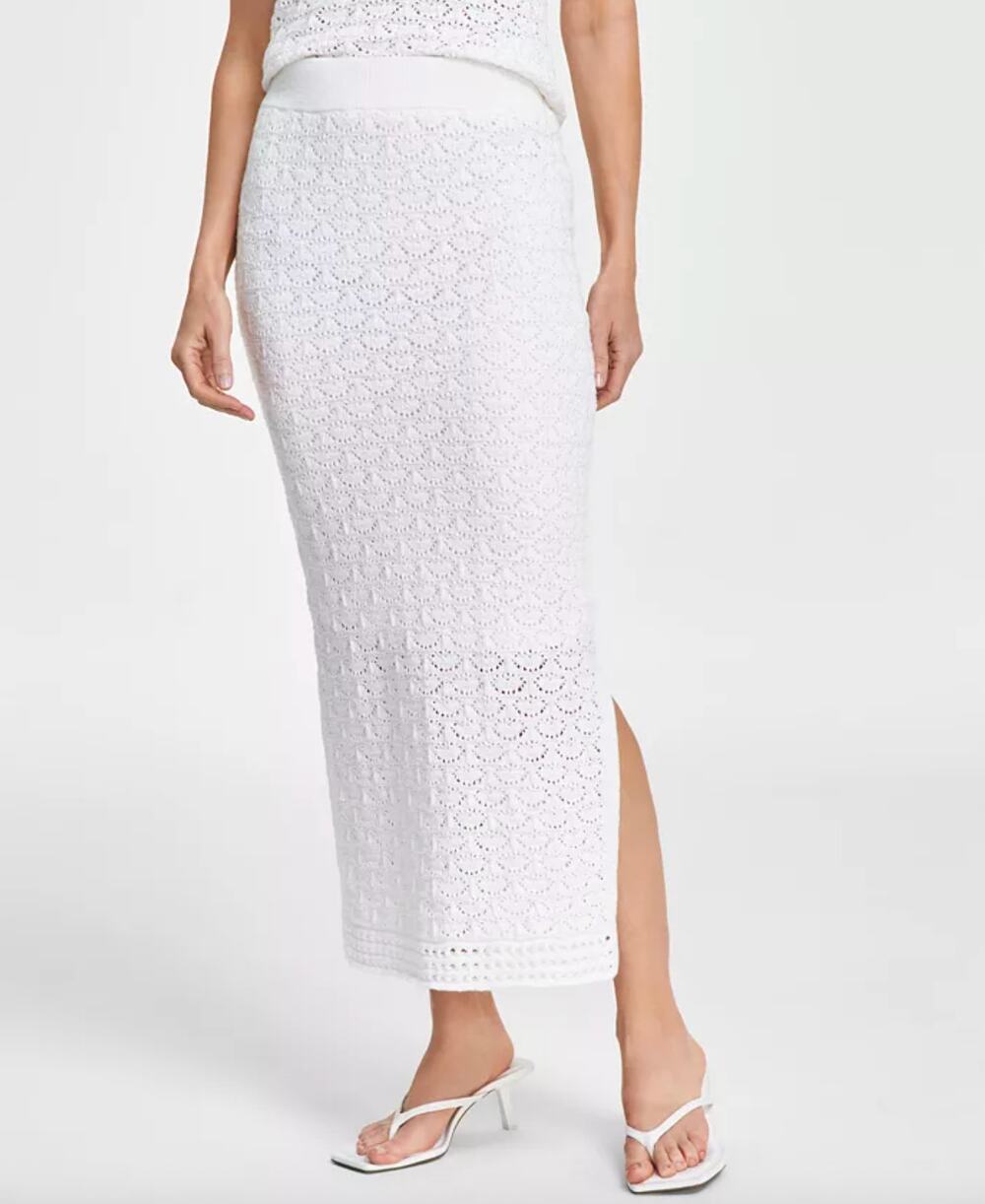 Inc International Concepts White Eyelet Crochet Side Slit Pull On Midi Skirt M
